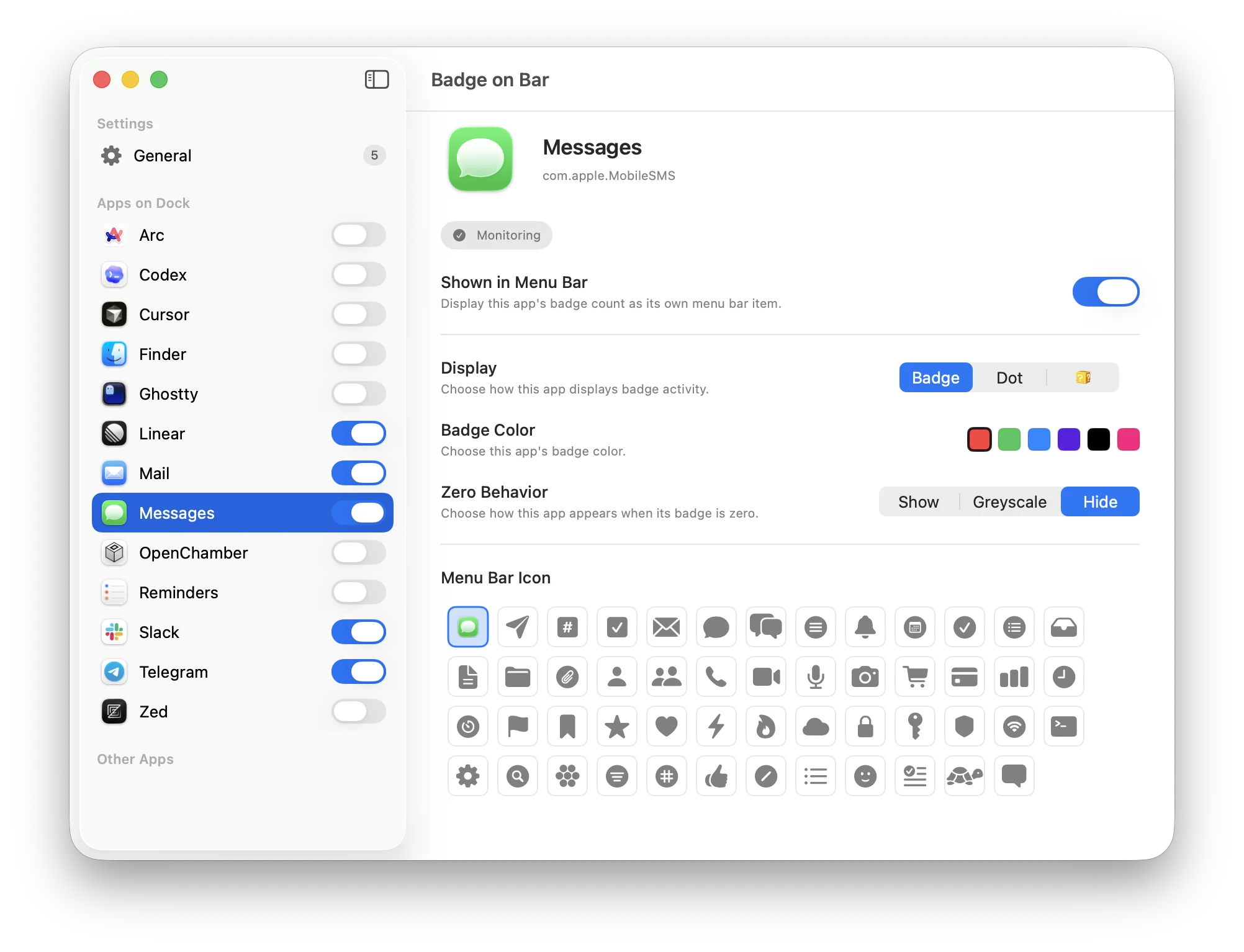 The Badge On Bar settings window. The sidebar lists Dock apps with switches, and Messages is selected, set to the Badge display, a red badge color, and Hide at zero, above a grid of menu bar icons.